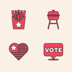 Wall Mural - Set Vote, Potatoes french fries in box, Barbecue grill and USA Independence day icon. Vector