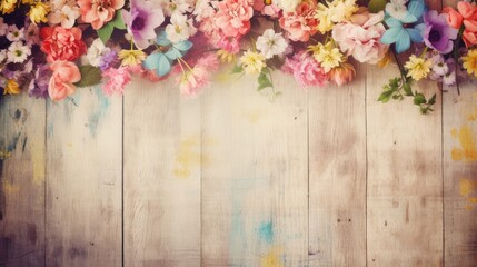 Poster - Flowers on wood texture background with copy space. Vintage style. Generative AI