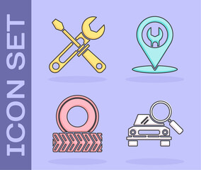 Sticker - Set Car search, Screwdriver and wrench tools, Car wheel and Car service icon. Vector