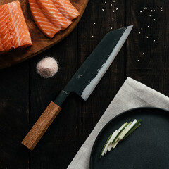 Ingredients with a Japanese kitchen knife