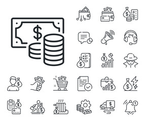 Cash money sign. Cash money, loan and mortgage outline icons. Coins banknote line icon. Business income symbol. Coins banknote line sign. Credit card, crypto wallet icon. Inflation, job salary. Vector