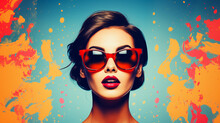 Fashion Woman With Trendy Sunglasses. Retro Style Pop Art Poster Background Banner Digital Illustration