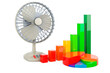 Table fan with growth bar graph and pie chart. 3D rendering