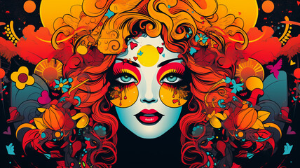 Poster - Beautiful woman with big eyes and magical symbols. Esoteric background pop art retro style