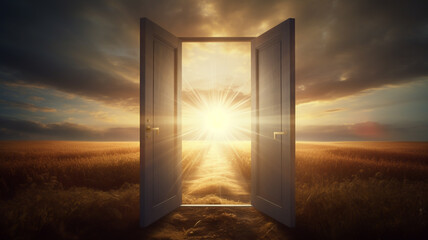 Wall Mural - Light of sunset shining trough open door in field landscape at day, concept of new goals and progress