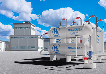 Hydrogen factory. Territory plant with gas tanks. Production and storage hydrogen fuel. ECO plant for production hydrogen. White tanks with H2 logos. Innovative manufactory in sunny weather. 3d image