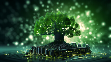 Wall Mural - Digital green tree on computer circuit board, innovation and sustainability concept