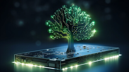 Digital green tree on computer circuit board, innovation and sustainability concept