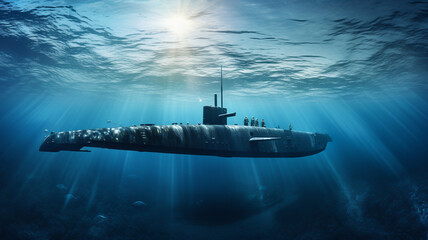 Generic military nuclear submarine floating in the middle of the ocean with a fighter jet in the background, wide poster design with copy space area