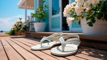 White Flip-flops Are Lying On The Wooden Porch Of A Summer House On The Beach.
