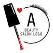 Beauty salon nail polish logo design. Nail polish brush, eyelashes and red heart symbol. Vector illustration.