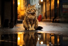 Urban Long Haired Ginger Cat Sitting In An Alley Way