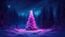 Christmas Tree In The Forest In Winter Under The Night Sky With Copy Space