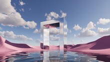 3d Render. Abstract Fantasy Panoramic Background. Surreal Scenery Of Pink Sand Dunes Under The Blue Sky With White Clouds, Mirror Geometric Portal Above The Calm Water. Modern Minimal Wallpaper