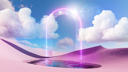 Wall Mural - 3d render. Abstract aesthetic background. Surreal fantasy landscape. Water in the middle of the pink desert, vertical neon arch and mirror under the blue sky with white clouds. Spiritual wallpaper