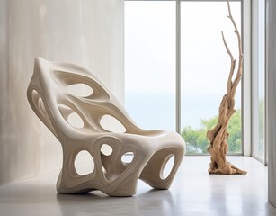 Wall Mural - Futuristic Wooden Seat with Insane Shapes over an Ocean Background.