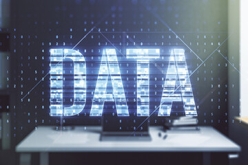 Wall Mural - creative data word sign and modern desktop with computer on background. multiexposure