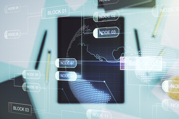 Wall Mural - double exposure of abstract creative programming illustration with world map and modern digital tabl