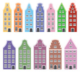 Fototapeta Miasto - Set of cartoon colorful houses of an ancient European city, isolated vector objects on a white background