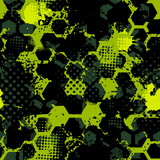 Fototapeta Młodzieżowe - Abstract seamless pattern with urban geometric elements, shabby, drops, spots, sprays. Neon background texture. Drive modern creative wallpapers 