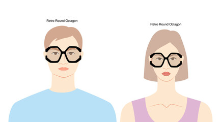 Wall Mural - Retro Round Octagon frame glasses on women and men flat character fashion accessory illustration. Sunglass front view unisex silhouette style, rim spectacles eyeglasses, sketch style outline isolated