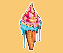 Sweet Ice Cream Melting Balls In The Waffle Cone Isolated On Background. Vector Flat Outline Icon, Label, Sticker. Comic Character In Cartoon Style Illustration.