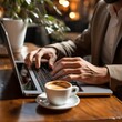 © wayne - man is typing on his laptop at a restaurant setting, generative ai