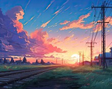 Beautiful Anime-style Illustration Of A Railway At Golden Hour, Made With Generative AI