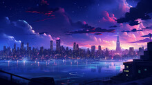 Cityscape With The Night Sky Showing Blue Clouds And Stars, In The Style Of Anime, Romantic Riverscapes, Hd Wallpaper Background, 8k, 4k