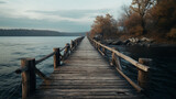 Fototapeta Pomosty - Old vintage wooden bridge on the lake, in spring, tropical, quiet river. Generative AI.