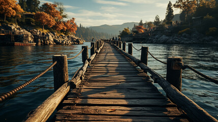 Old vintage wooden bridge on the lake, in spring, tropical, quiet river. Generative AI.