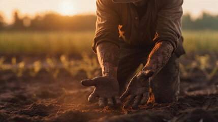 Wall Mural - Farmer showing here dirty hands in field. healthy food photography. close-up. product photo for restaurant. generative ai