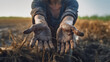 Female Farmer showing here dirty hands in field. healthy food photography. close-up. product photo for restaurant. generative ai