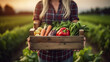 Female Farmer with a red and black checkered shirt. healthy food photography. close-up. product photo for restaurant. generative ai