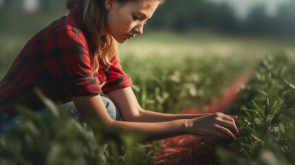 Wall Mural - Female Farmer with a red and black checkered shirt. healthy food photography. close-up. product photo for restaurant. generative ai