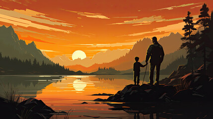 Wall Mural - father and his son at a lake at sunset. back view. spending time together, family. Generative AI
