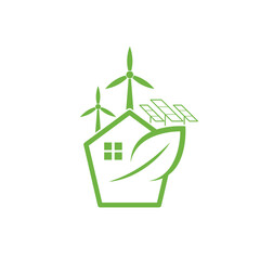 Sticker - Ecology concept House with Solar Panels and wind Turbines