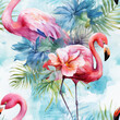 Tropical Seamless Pattern with Pink Flamingo Birds. AI generated Illustration.