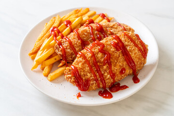 Canvas Print - fried chicken breast fillet steak with french fries