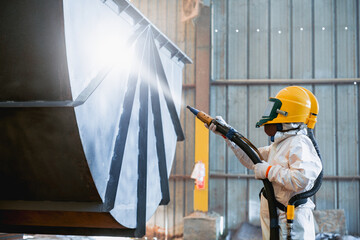 Wall Mural - Steel Grit blasting process, Industial worker using steel grit blasting process preparation cleaning surface on steel structure before painting in factory workshop.