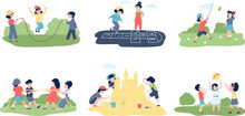 Kids Outdoor Play Hopscotch, Game Children On Nature. Cartoon Child With Ball, Build Sand Castle And Jumping With Rope. Recent Holidays Vector Scenes