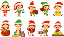 Christmas Elf, Santas Helpers Elves Characters. Magic Cute Kids With Gifts, Xmas Creatures For Holiday Workshop. New Year Nowaday Vector Clipart