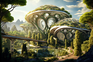 Futuristic city with green plants and leaves illustration