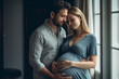 Adult couple expecting a baby while husband caresses the belly of his pregnant beautiful woman. Lovely handsome man touching belly of his girlfriend and feeling baby movement. AI Generative