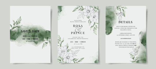 Wall Mural - Elegant watercolor wedding invitation with hand drawn floral and leaves