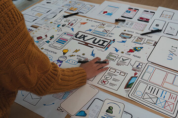 Wall Mural - close up of developer and ui designer brainstorming interface wireframe design.creative digital deve