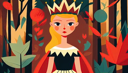 Wall Mural - Pretty cartoon princess character in the abstract flower forest with serene face. Fairytale kids baby or children book style character. Generative AI