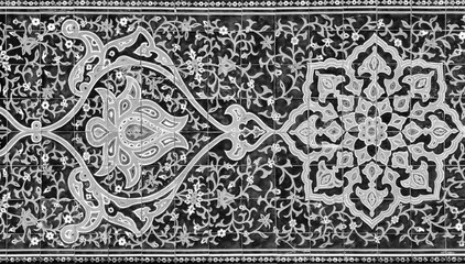 Wall Mural - Geometric traditional Islamic ornament. Fragment of a ceramic mosaic. Black and white.