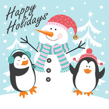 Christmas Card With Penguin And Snowman