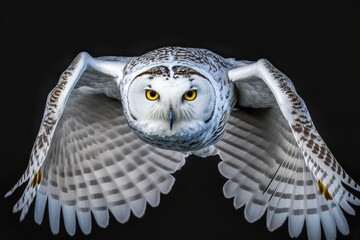 Wall Mural - majestic white owl in flight with piercing yellow eyes. Generative AI